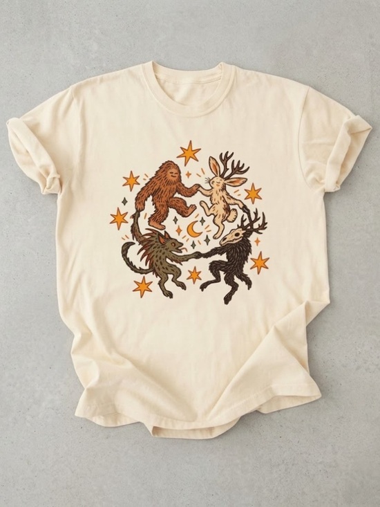 Gildan Tops - Dancing Cryptids Folk Art Gildan T-Shirt Cream Bigfoot Graphic Tee
